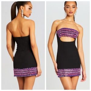 Retrofete Martini Black Strapless Mini Dress Rhinestone Crystal - Small
